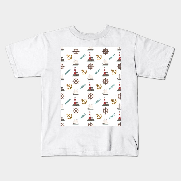 Sailing Illustrative Pattern Color on White Kids T-Shirt by NataliePaskell